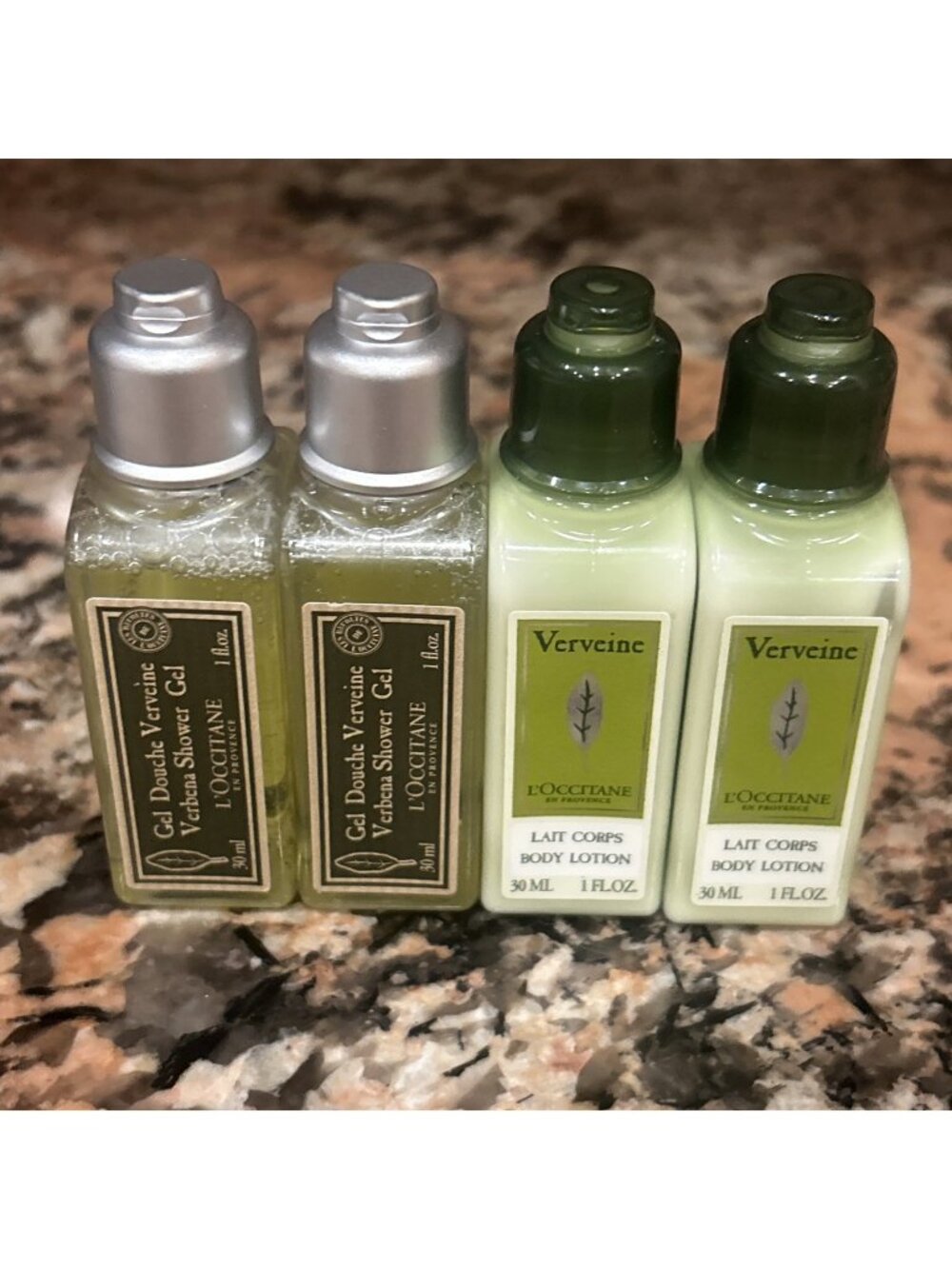 L’Occitane Verveine TRAVEL Set 1.0 oz Body Lotion (2)& Verbena Shower Gel (2)